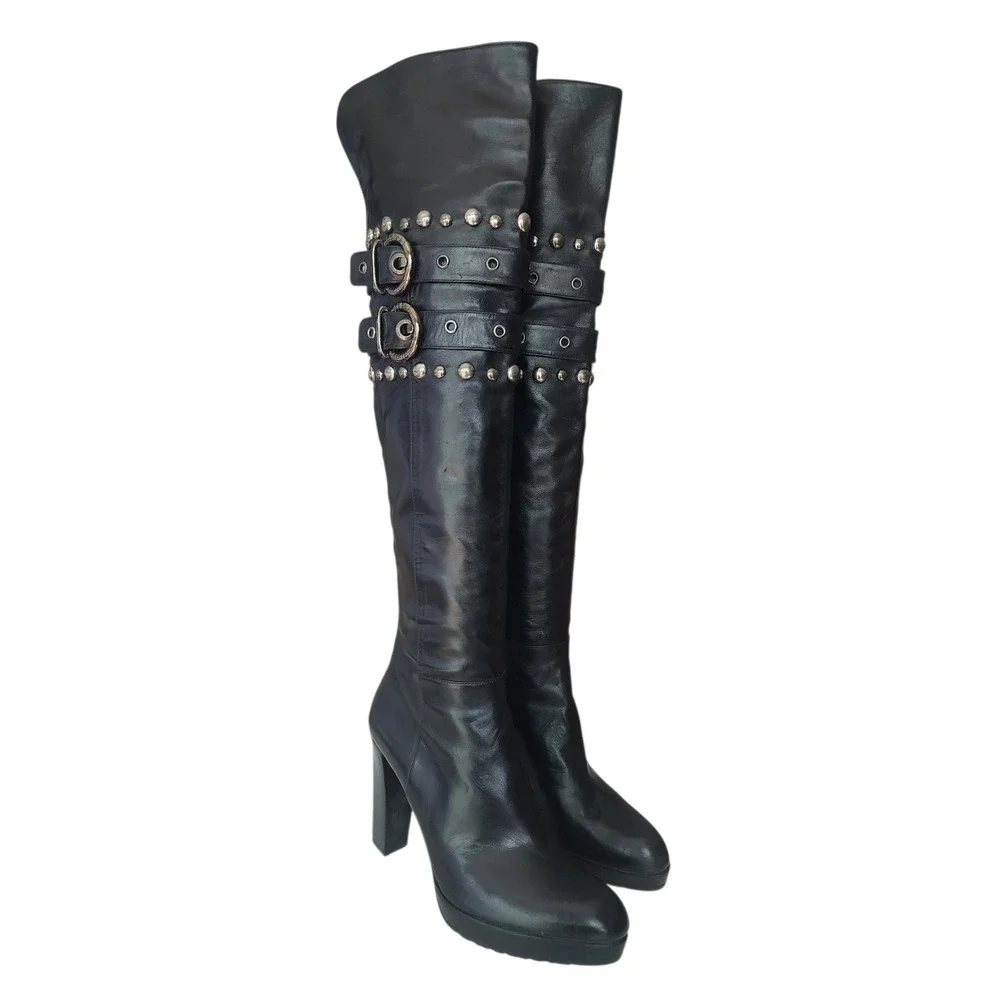 Stuart Weitzman Carnaby Black Leather Studded Buckle Over The Knee Heeled Boot 8